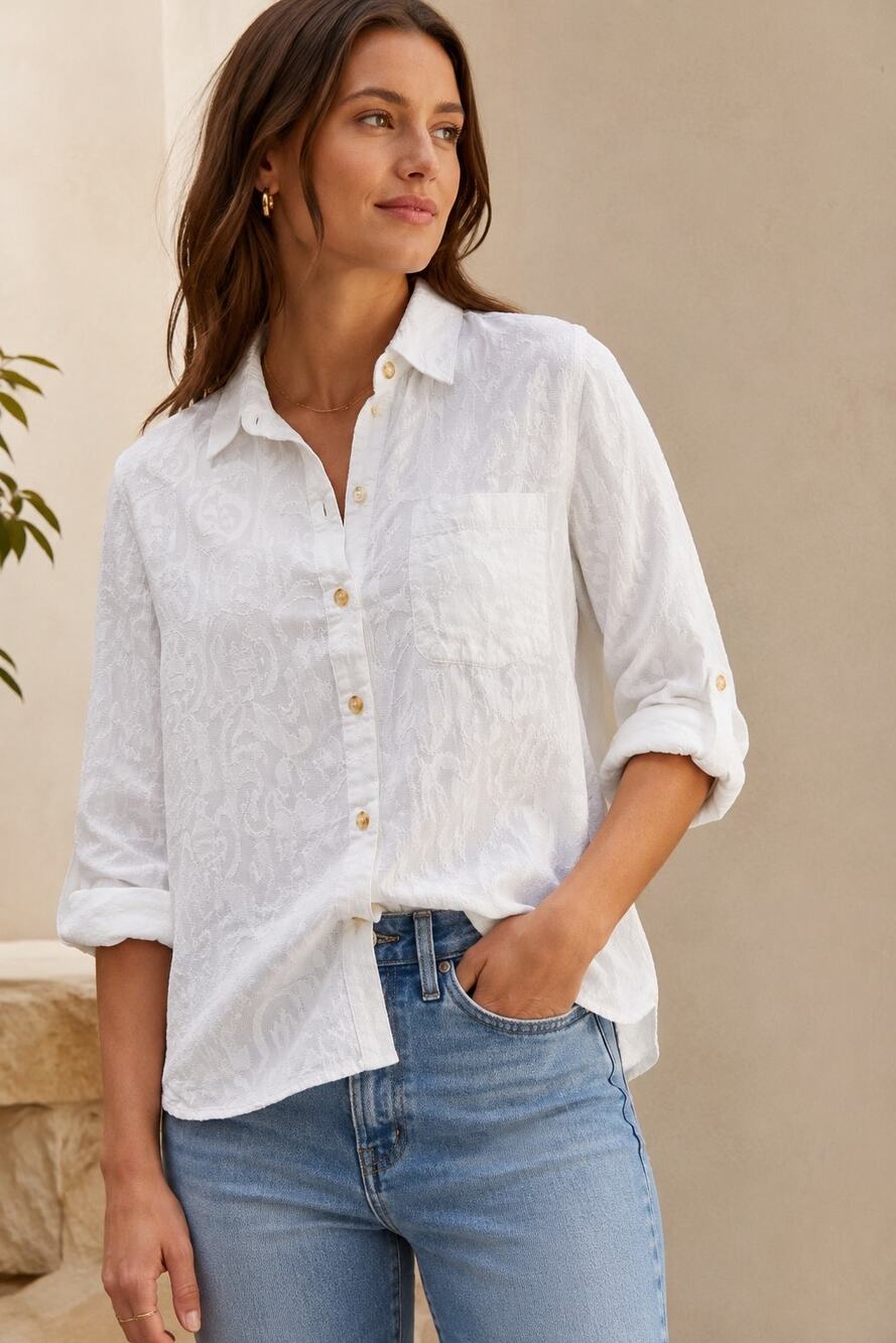 Maeve Anthropologie White Textured Floral Cotton Button Up Top Womens Size 2